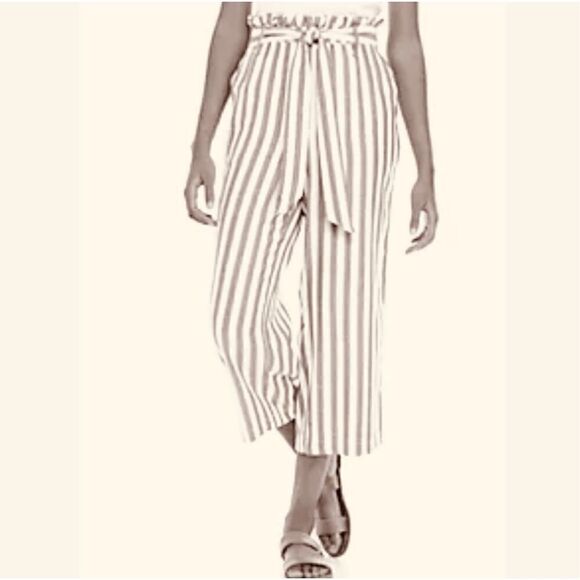 Fever Cropped Paper Bag Pants, Cream and Tan Striped, Large - Picture 1 of 10